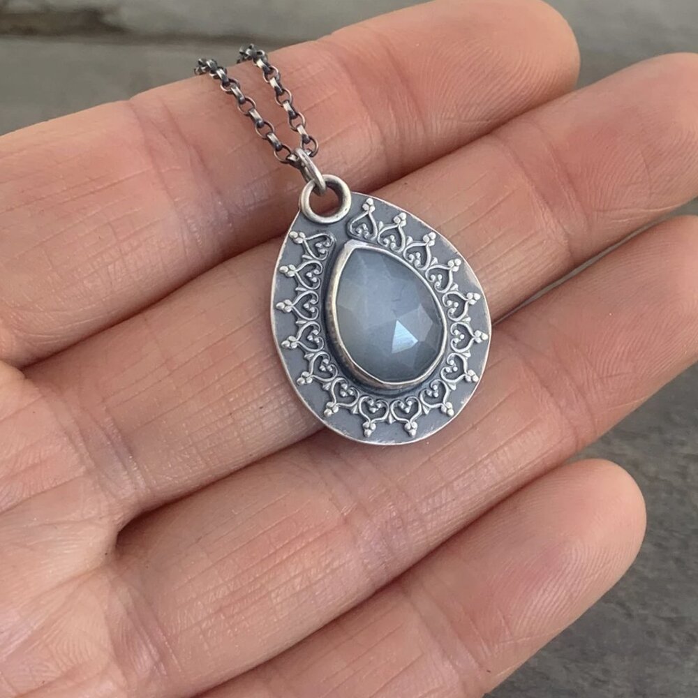 Sterling Silver and Grey Moonstone Pendant with Filigree Border